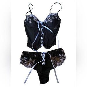 Susan Lucci Y2K Black Blue Whimsygoth Witchy Lace Sheer Lingerie Corset Bustier